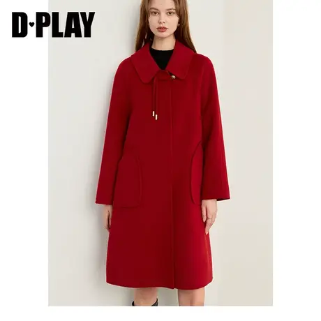 DPLAY冬季新中式轻奢红色盘扣国风羊毛双面呢大衣商品大图