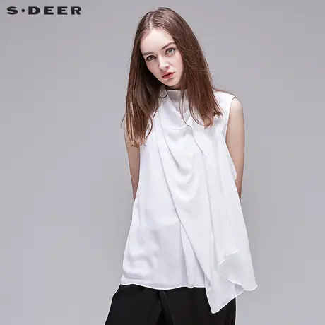 sdeer圣迪奥女装2018夏装简约白色飘逸雪纺搭片无袖衬衫S17280671图片