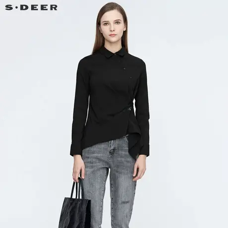 sdeer圣迪奥春秋装翻领斜襟不规则收腰长袖衬衫女S21180503图片