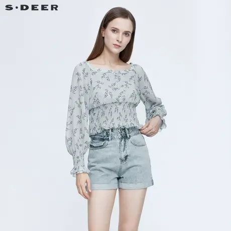 sdeer圣迪奥夏装甜美休闲碎花松紧抽褶方领衬衫S21260503图片