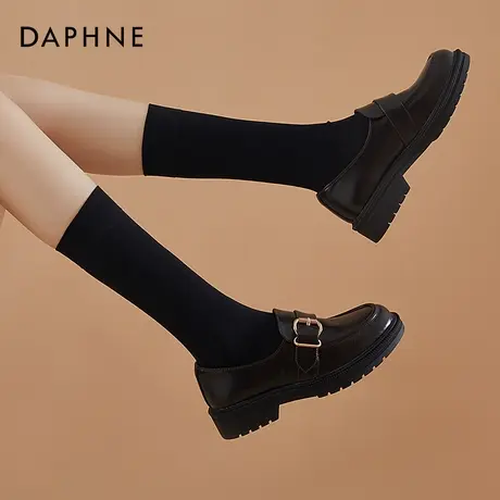 达芙妮厚底小皮鞋女加绒英伦风秋冬平底单鞋中跟粗跟一脚蹬乐福鞋商品大图