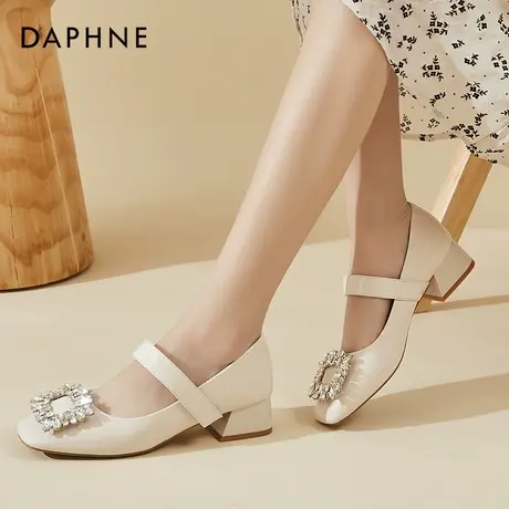 达芙妮玛丽珍小皮鞋女一字带法式白色2022年新款方头粗跟中跟单鞋商品大图