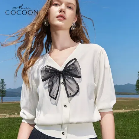 missCOCOON甜美上衣2023夏新款法式女装蝴蝶结气质V领小众针织衫图片