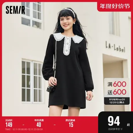 森马连衣裙女直筒拼接撞色翻领小黑裙2022秋季新款甜美长袖针织裙商品大图