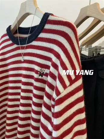 韩国女装！撞色领刺绣掌门狗宽松休闲浣熊绒条纹毛衣女百搭上衣冬图片