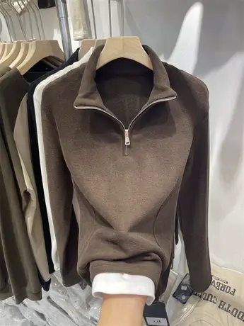 软糯假两件立领半拉链磨毛德绒卫衣女2024秋冬新款休闲拼接上衣潮图片