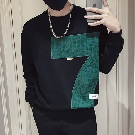 圆领卫衣男春秋款2022新款高街潮牌个性拼接修身休闲无帽外套T恤商品大图