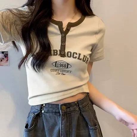 设计感短袖t恤女2023夏季新款字母印花修身辣妹别致纯欲正肩上衣商品大图