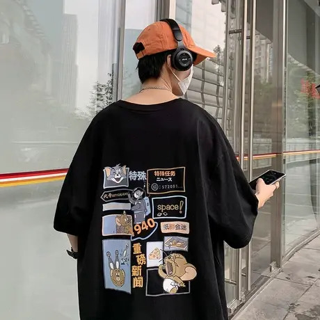 潮牌重磅纯棉短袖T恤男ins潮夏季美式卡通动漫印花宽松设计感半袖商品大图