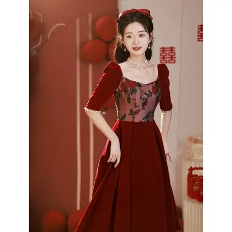红色敬酒服2023新款新娘女夏季订婚聚会高级法式复古礼服玫瑰骑士图片