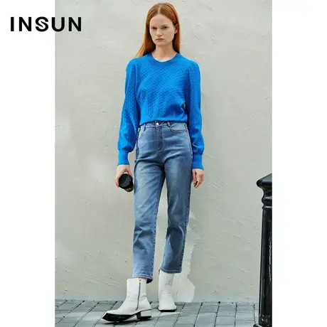 INSUN恩裳春季轻复古洗水蓝高腰小脚牛仔裤商品大图