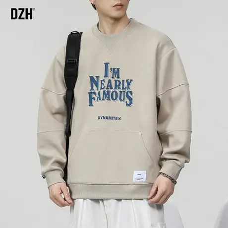 男士美式杏色卫衣潮牌男2024年春季外套新款上衣圆领宽松衣服男款商品大图