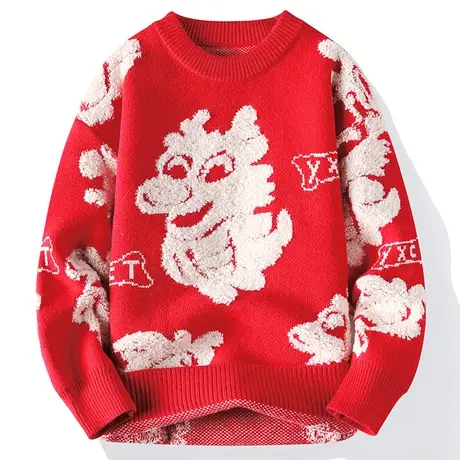 红色毛衣男款冬季潮牌龙年针织线衫男生加厚保暖内搭打底衫情侣装图片