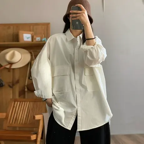 dza 复古白色翻领双口袋长袖衬衣女2024早春新款宽松衬衫休闲上衣图片