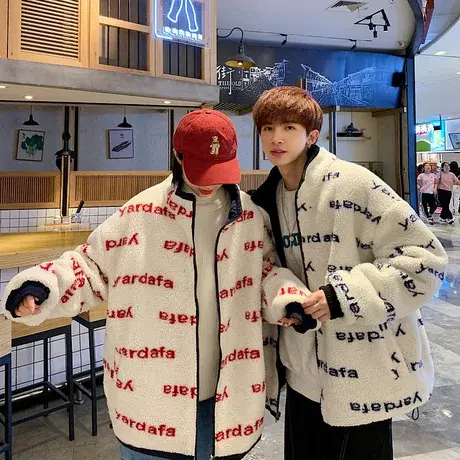 秋冬羊羔毛连帽棉衣男士韩版加绒加厚两面穿棉袄外套潮牌宽松棉服图片