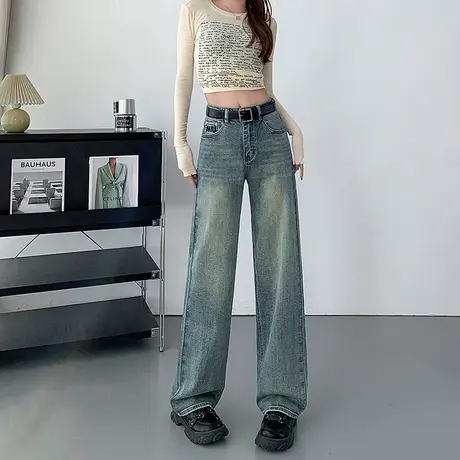 复古美式直筒牛仔裤女新款春秋季高腰宽松显瘦字母刺绣窄版阔腿裤商品大图