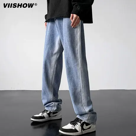 VIISHOW牛仔裤男春秋潮牌宽松做旧水洗直筒裤港风扎染阔腿长裤子商品大图