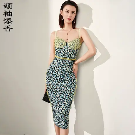 颈袖添香2024春季新款时尚通勤修身女士气质包臀吊带豹纹连衣裙图片