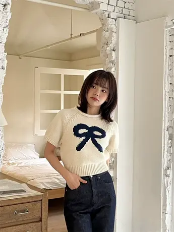 韩国东大门2024春季新款蝴蝶结短款洋气短袖外穿百搭针织衫毛衣女图片