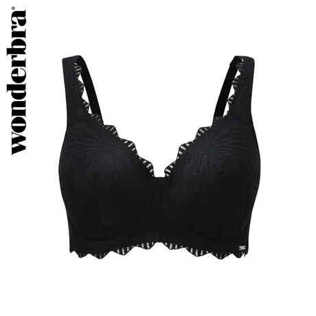 WONDERBRA黑色薄款蕾丝大码全罩杯文胸大胸显小无钢圈内衣商品大图