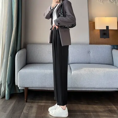 黑色西装裤女2024春秋新款高腰宽松挽边九分小个子休闲哈伦直筒裤图片