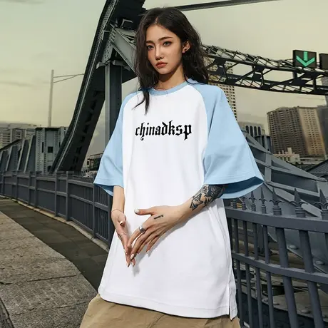 Nuthink美式高街重磅华夫格男t恤国潮字母情侣短袖宽松插肩袖上衣图片