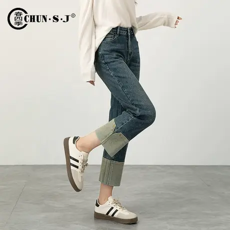 八分裤复古卷边直筒牛仔裤女2024年新款春季翻边小个子九分烟管裤商品大图