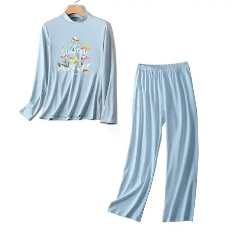 女士带胸垫家居服防凸点高领睡衣女护颈薄款棉质棉可出门套装商品大图