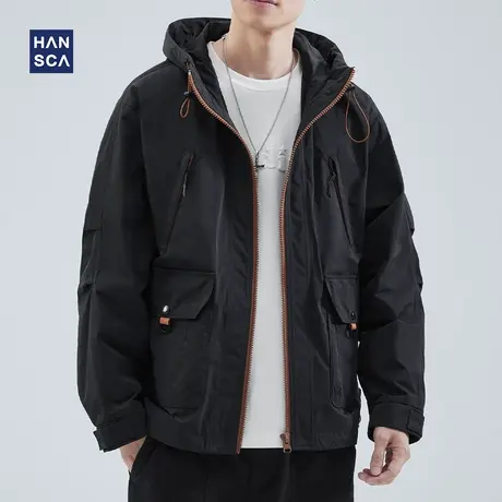 hansca春季新款黑色连帽冲锋衣外套男户外潮牌宽松休闲机能风夹克商品大图