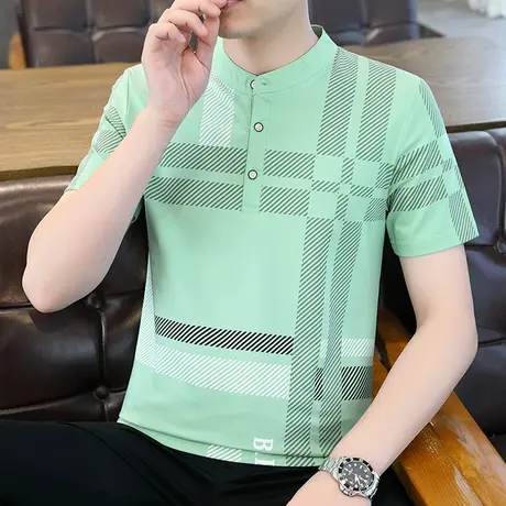纯棉短袖t恤男夏季立领体恤修身Polo衫男士条纹格子印花打底衫潮商品大图