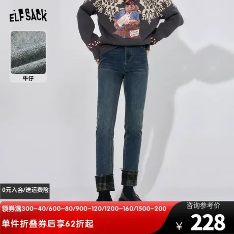 妖精的口袋高腰直筒牛仔裤女2023冬季新款拼接格纹设计感显瘦长裤商品大图