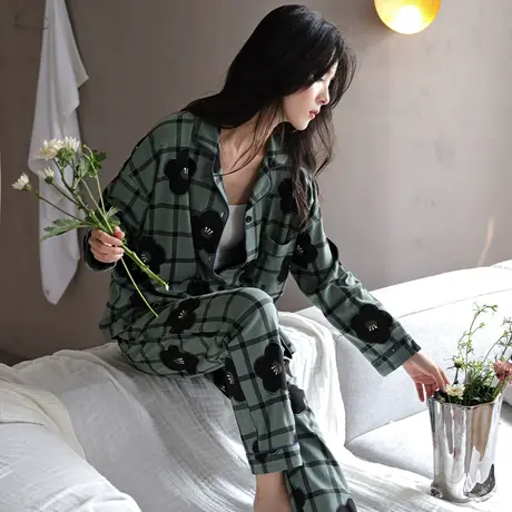 婷美秋季睡衣女士春秋款长袖纯棉开衫翻领格子韩版家居服全棉套装商品大图