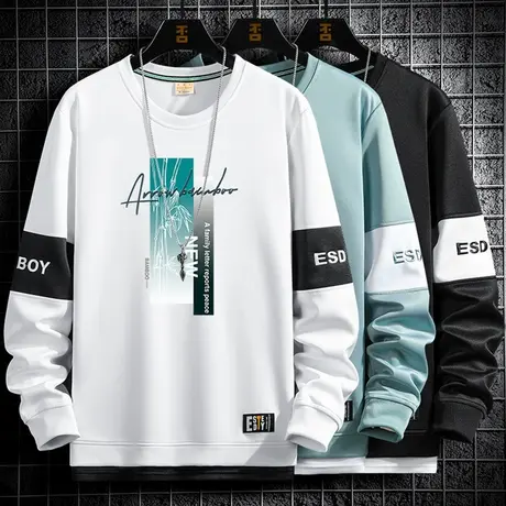 假两件卫衣男圆领春秋季潮牌印花秋衣男士t恤长袖宽松潮流上衣服商品大图