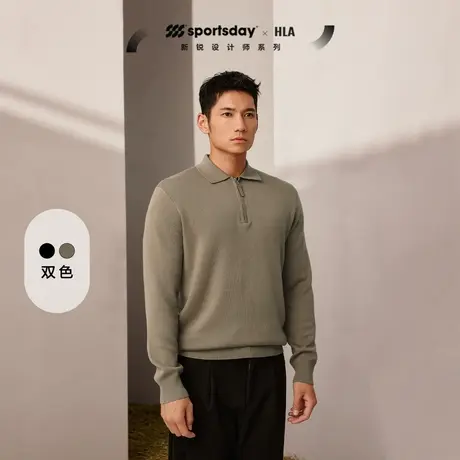 HLA/海澜之家荣耀马术长袖针织衫2023秋季新款半开襟黑色毛衣男图片