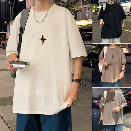 纯棉短袖t恤男2023夏季薄款宽松四角星标印花内搭半袖休闲体恤衫商品大图