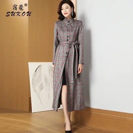 立领红格子风衣简约OL风格春秋季大衣女中长款2023年新款长款外套图片