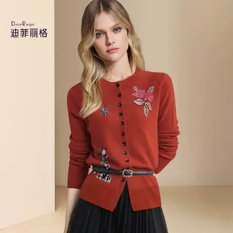 迪菲丽格气质时尚针织衫2023新款女装秋长袖提花红色系带百搭上衣商品大图
