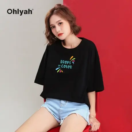 Ohlyah品牌 黑色宽松上衣女2023年春夏新款体恤纯棉短袖t恤打底衫图片