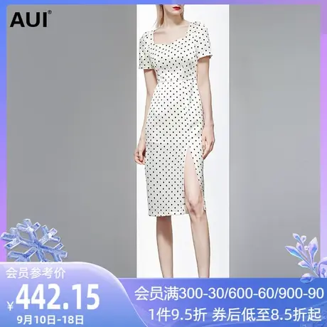 AUI欧洲站法式气质波点连衣裙女夏2023新款醋酸缎面方领开叉裙子商品大图