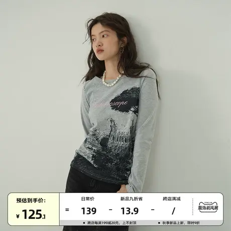 omont蛋挞家 复古印花长袖T恤女秋2023新款正肩圆领修身显瘦上衣图片