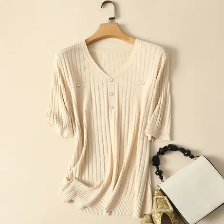 冰丝针织衫女短袖薄款女装2023新款潮夏季韩版ins潮百搭T恤女上衣商品大图