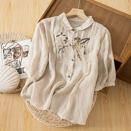 享永子七分袖刺绣苎麻衬衫女文艺复古宽松棉麻小衫上衣设计感2023商品大图