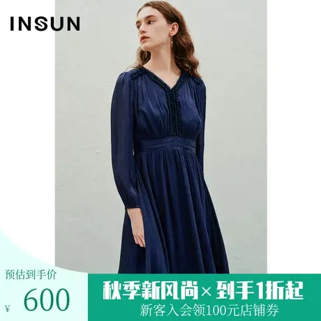 恩裳2023春季新款法式优雅褶皱感v领连衣裙温柔女装裙子图片