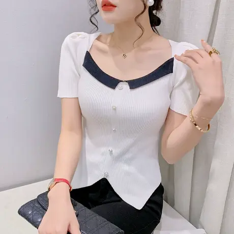 欧货方领冰丝针织T恤女短袖夏季修身显瘦开叉上衣洋气百搭小衫ins商品大图