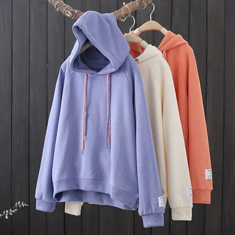 2021年春装新款文艺简约纯色连帽卫衣女韩版宽松休闲外穿上衣春秋商品大图