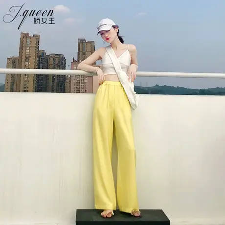 高腰阔腿裤女夏季新款宽松雪纺凉凉裤松紧腰直筒黄色垂感休闲裤子商品大图