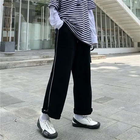 日系古着裤子女2020宽松阔腿高腰直筒显瘦百搭休闲运动长裤潮ins图片