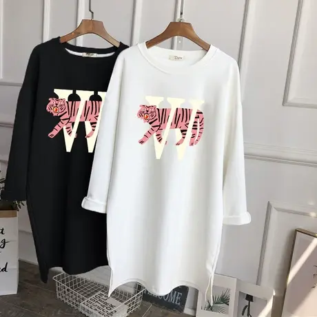 磨毛长袖T恤女新款韩版设计感卡通趣味印花圆领纯棉中长款上衣服商品大图