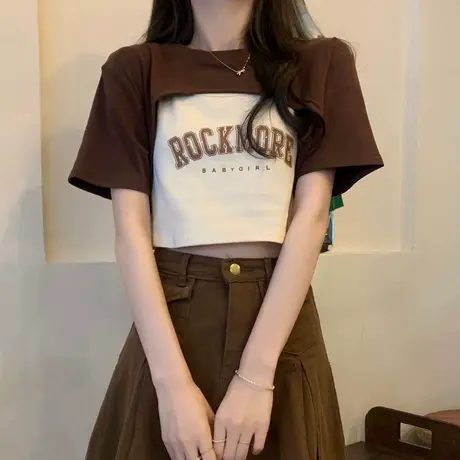 夏季设计感小众吊带背心短款披肩T恤罩衫两件套女辣妹短袖上衣潮商品大图