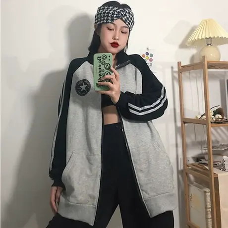 waitmore卫衣女2020初秋薄款宽松韩版潮ins上衣bf慵懒风拉链外套图片